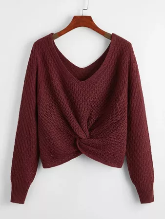 Double V-neck Twist Front Sweater | SHEIN USA burgundy