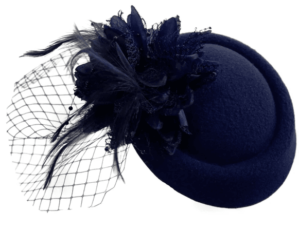 Caprilite Navy Blue Fascinator Hat Pill Box Flower Black Veil Hatinator UK Wedding Ascot Races Clip Felt