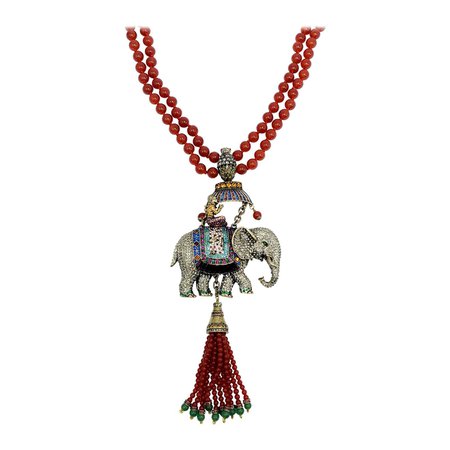 Heidi Daus Sultans of Chic 2-Row Carnelian Bead Elephant Pendant Necklace For Sale at 1stDibs | heidi daus elephant necklace, heidi daus necklaces