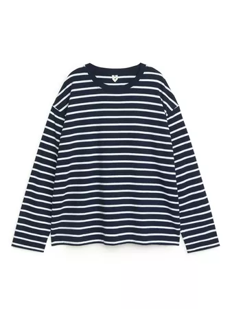 Oversized Pima Cotton T-shirt - Dark Blue/Striped - Tops - ARKET GB