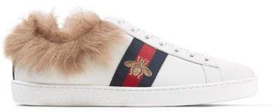 Ace Shearling-lined Embroidered Leather Sneakers - White