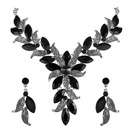 Amazon.com: BriLove Wedding Bridal Necklace Earrings Jewelry Set for Women Crystal Enamel Marquise-Shape Leaf Flower Statement Necklace Dangle Earrings Set Black Silver-Tone: Jewelry