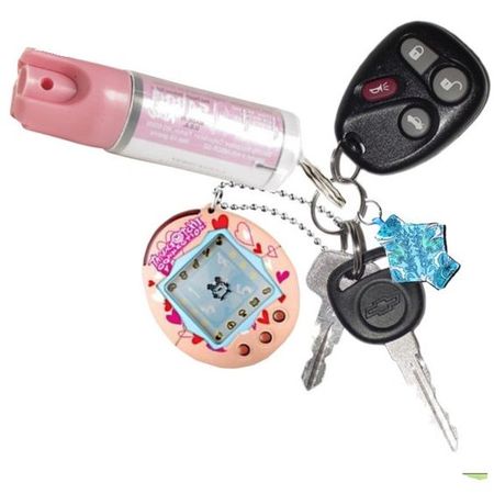 Tamagotchi key chain and pink pepper spray