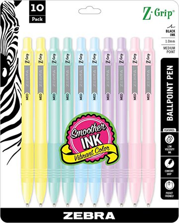 Zebra Pen Z-Grip Pastel Retractable Ballpoint Pen, Assorted Color Barrel, Medium Point, 1.0mm, Black Ink, 10-Pack (22101) : Amazon.ca: Office Products