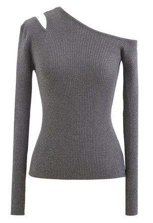 Asymmetric Cut Out Cold-Shoulder Fitted Knit Top in Grey - Retro, Indie and Unique Fashion