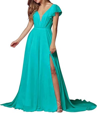 Tabaoo Women's Chiffon Deep V Neck Bridesmaid Dresses Short Sleeve Wedding Dresses A-Line Wedding Party Gowns with Slit at Amazon Women’s Clothing store