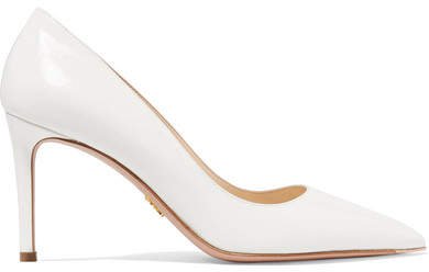 Glossed Textured-leather Pumps - White
