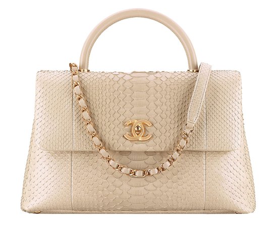 Flap Bag with Top Handle Python Beige