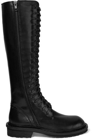 Lace-up Leather Knee Boots - Black