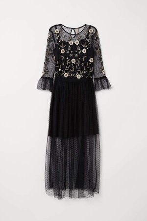 Mesh Dress with Embroidery - Black