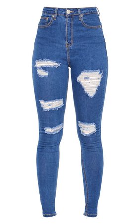 Tall Mid Blue Wash Distressed 5 Pocket Skinny Jean | PrettyLittleThing