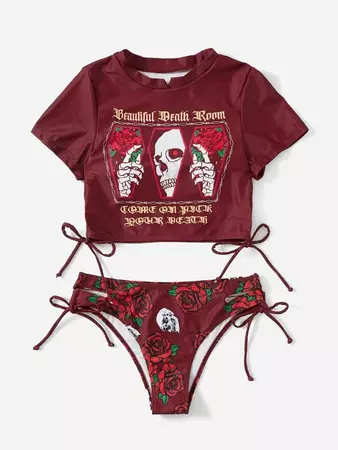 ROMWE X lockdsg Goth Slogan Floral & Skull Graphic Drawstring Bikini Swimsuit | SHEIN USA