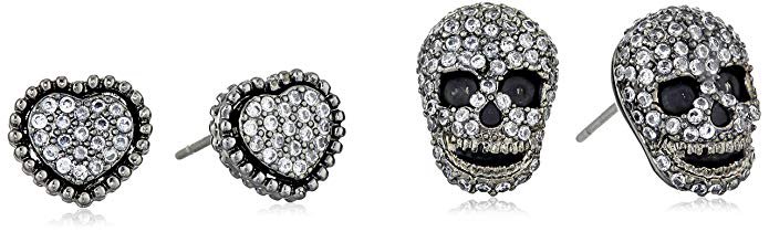 Betsey Johnson Cubic Zirconia Pave Heart and Skull Duo Set of Stud Earrings: Jewelry