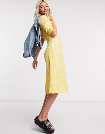 Monki Avril button ditsy floral midi dress in yellow | ASOS
