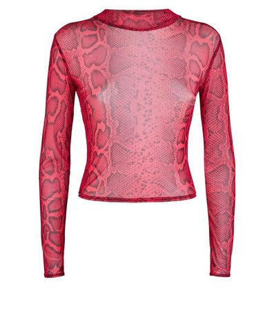 Pink Neon High Neck Snake Print Mesh Top | New Look
