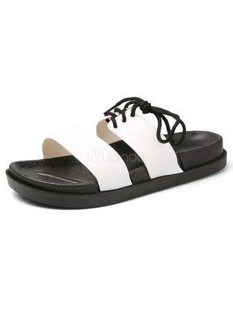 Men Sandal Slippers White Open Toe Lace Up Sandal Slides Beach Sandals - Milanoo.com