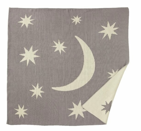 Rise Little Earthling Moon & Stars Grey/White Cotton Knit Blanket