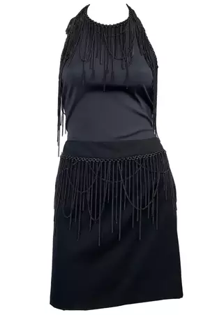 F/W 2003 Versace by Donatella Black Halter Top Fringe Chain Skirt Set For Sale at 1stDibs | donatella versace 2003, versace skirt and top set, versace two piece skirt set
