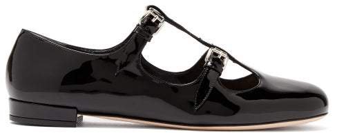 Double Buckle Patent Leather Flats - Womens - Black