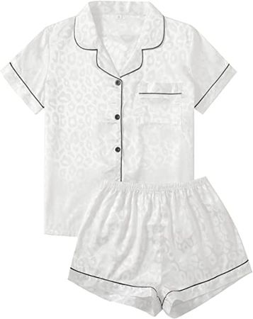 Verdusa Women's 2pc Satin Nightwear Button Front Sleepwear Short Sleeve Pajamas Set Leopard White at Amazon Women’s Clothing store