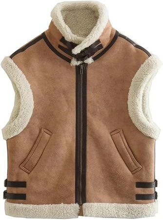 loveimgs Women's Winter Warm Suede Sherpa Leather Vest Jacket Zip Up Sleeveless Lambwool Fur Coat with Pockets at Amazon Women's Coats Shop