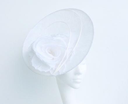 Juliette Botterill white disk with rose silk flower and quills