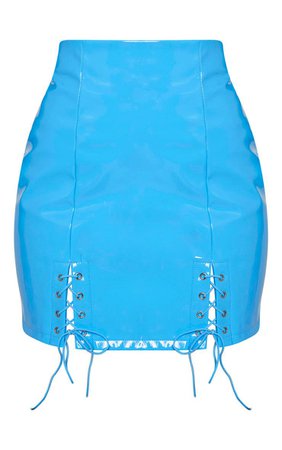 Bright Blue Vinyl Double Lace Up Hem Mini Skirt | PrettyLittleThing