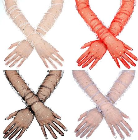 4 Pairs Women's Long Tulle Gloves Glitter Star Semi Sheer Wedding Bridal Gloves Elbow Length Opera Party Gloves, Transparent Gray, Off-white, Black, Red, 27.5 inch: Buy Online at Best Price in UAE - Amazon.ae