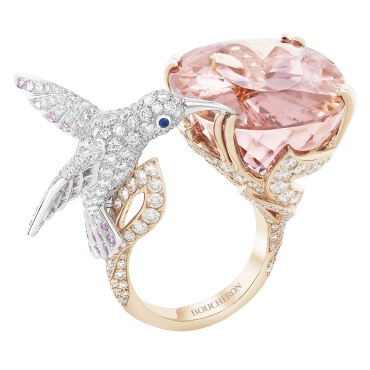 BOUCHERON, HOPI, THE HUMMINGBIRD RING Ring set with a morganite, paved with diamonds and sapphires, in white and pink gold