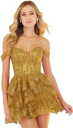 Amazon.com: CSYPJYT Tiered Lace Homecoming Dresses for Teens Off Shoulder Sparkly Sequin Short Prom Dress Cocktail Party Gown : Clothing, Shoes & Jewelry