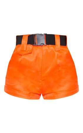 Neon Orange Woven Belted Turn Up Hem Short | PrettyLittleThing USA