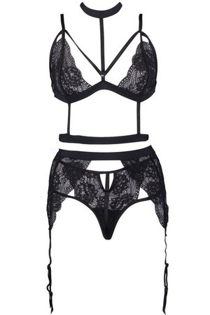 Lace Strapping Bralet Thong & Suspender Set | Boohoo
