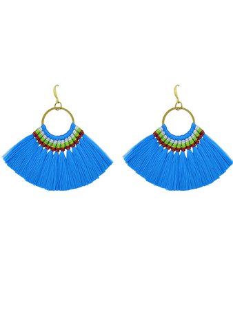Blue Boho Fan Shaped Earrings Ethnic Style Tassel Big Earrings
