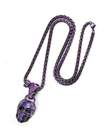 Crucible Jewelry Men's Purple Crucible Los Angeles Blue Stainless Steel 35mm Skull Necklace On 28 Inch 5mm Box Chain