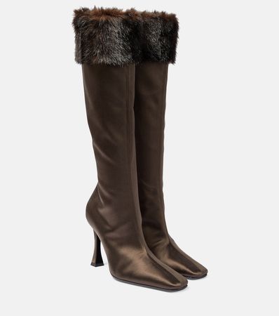 Faux Fur Trimmed Satin Knee High Boots in Brown - Magda Butrym | Mytheresa
