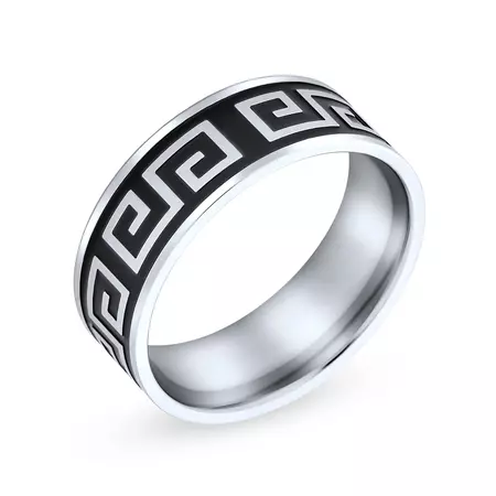 Mens Greek Key Black Flat Wedding Band Ring Black Stainless Steel 8MM – Bling Jewelry