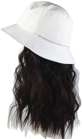 Women's Bucket Hats with Hair Extension Attached Bucket Hat Long Straight Wig Corn Wig Curly Hair Black+Light Brown 2 at Amazon Women’s Clothing store