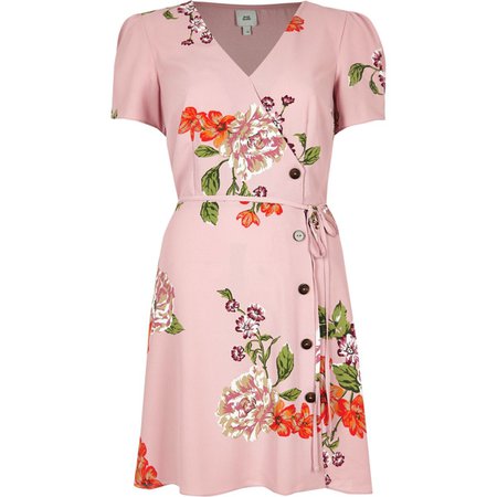 Pink floral button through mini dress - Swing Dresses - Dresses - women