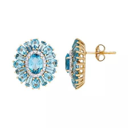 14k Gold Over Silver Simulated Paraiba Tourmaline & Cubic Zirconia Flower Stud Earrings