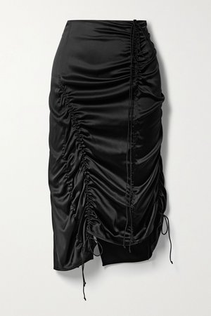 Black Ruched silk-blend satin midi skirt | Helmut Lang | NET-A-PORTER