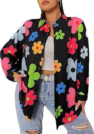 WDIRARA Women's Plus Size Floral Long Sleeve Button Down Shirt Blouse Cute Top at Amazon Women’s Clothing store