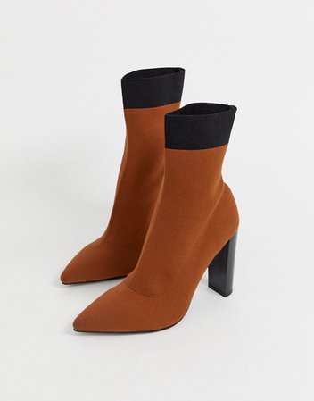 ASOS DESIGN Enhance block heel sock boots in brown knit | ASOS