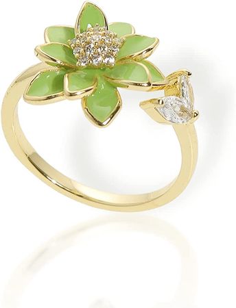 Amazon.com: Sonateomber Green Daisy Flower Adjustable Gold Ring for Women - Trendy Elegant Unique Cubic Zirconia Enamel Lotus Front Open Floral Leaf Easter Jewelry Gift: Clothing, Shoes & Jewelry