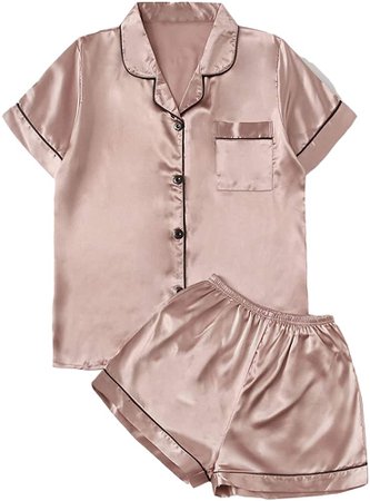 MakeMeChic Women's Satin Pajamas Short Sleeve Sleepwear Two Piece Pajama Set Dusty Pink S at Amazon Women’s Clothing store