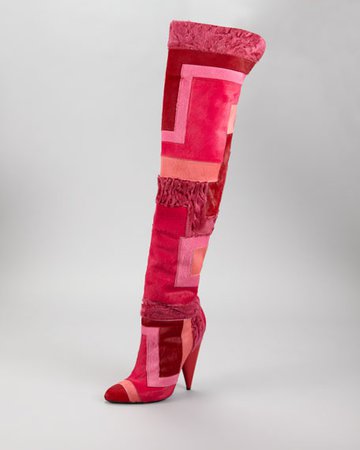 Tom Ford Geometric Patchwork Fur Over-the-Knee Boot, Scarlet