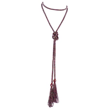 Vintage 1920s Sautoir Beaded Tassel Flapper Necklace W Lampwork Beads and Fringe For Sale at 1stdibs