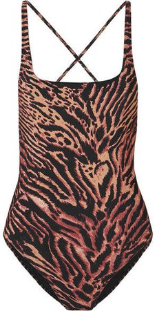 Tiger-print Swimsuit - Brown