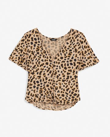 Leopard Button Front Short Sleeve Peplum Top | Express