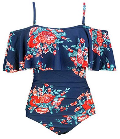 COCOSHIP Red Pink & Navy Blue Antigua Floral Retro One Piece Flounce Layered Off Shoulder Swimsuit Ruched Ruffled Beach Monokini 12 at Amazon Women’s Clothing store