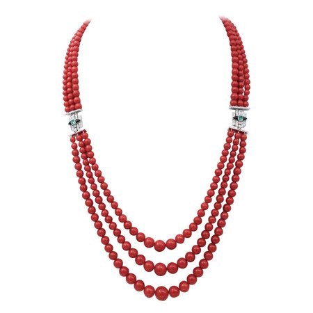 Vintage 1950s Coral, Emeralds, Diamonds, Onyx, Platinum Multi-Strands Necklace